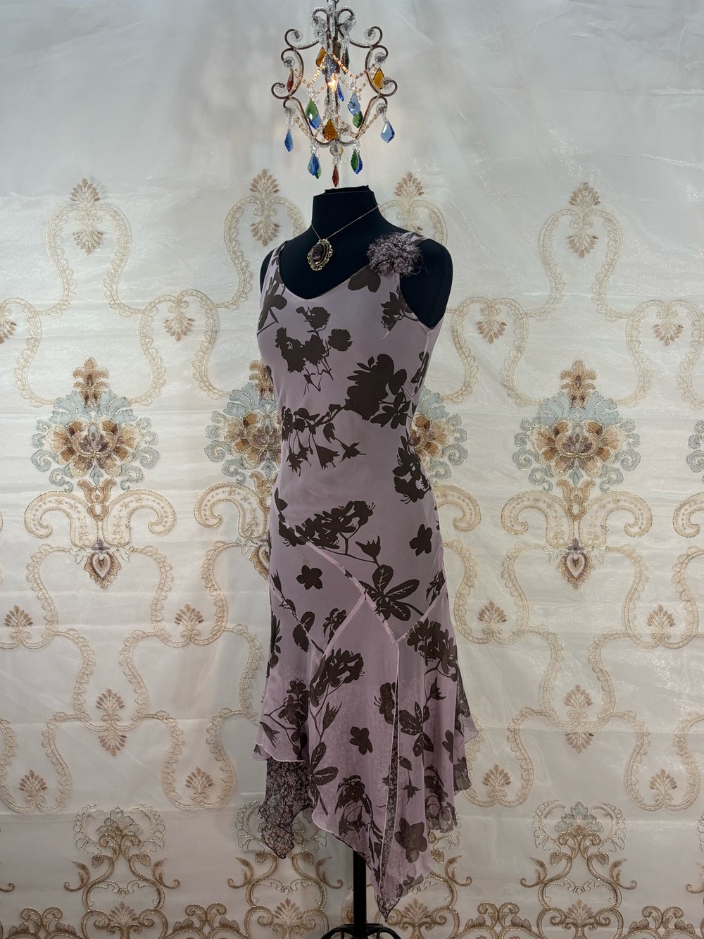 ✨Vintage Y2K Bohemian Silk Dusty Pink Asymmetrical Ruffle Floral Maxi Dress✨
